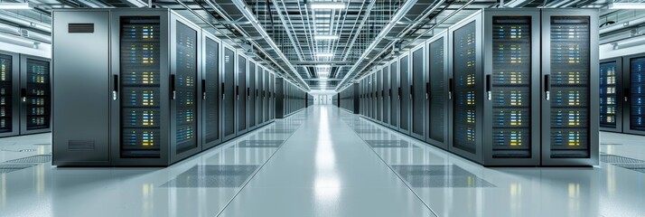 Panoramic view of a modern data center with rows of server racks, illuminated with bright fluorescent lights and advanced cooling systems.