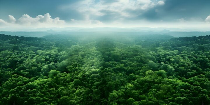 Topdown view shows vast rainforest with endless green waves under boundless sky. Concept Rainforest, Topdown View, Green Waves, Vast Landscape, Boundless Sky