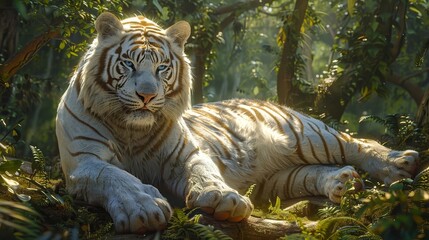 Wall Mural - white tiger laying in the jungle with trees in the background