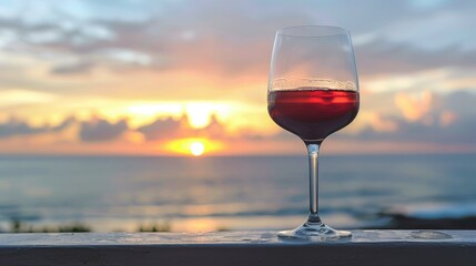 Sticker - A glass of red wine set against an evening sea horizon