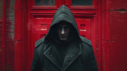 Man in black hoodie standing in front of red door