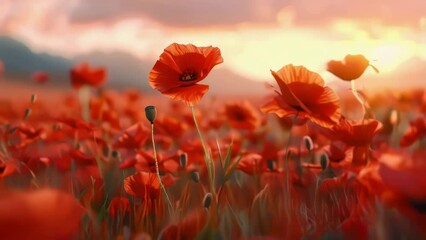 Poster - Field of red poppies with sun setting in background