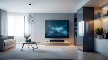 Wall Mural - Smart interior living room, luxury room digital device interfaces highlighting electronic device wireless technology - Generative AI
