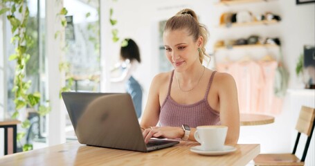 Canvas Print - Working, cafe and woman with laptop and remote work with smile of writer at coffee shop. Website, blog and writing article for social media with technology and email with digital job of entrepreneur