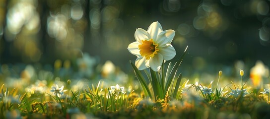 Poster - White daffodil blooming in spring sunlight