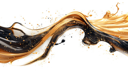 Elegant Golden Swirls, Dynamic black and gold paint waves with glitter isolated on transparent background