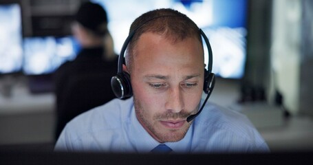Poster - Safety, man and headset in control room for communication, surveillance and supervision or building security. Male guard, contact or cctv monitors with telecom advice for check, support or protection