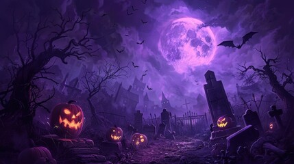 Wall Mural - Jack-o'-Lanterns in a Haunted Cemetery