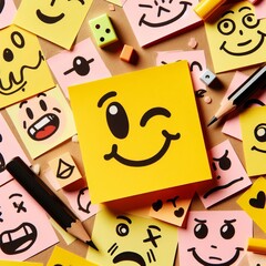 Wall Mural - Paper note with emoticon face ideas. World Emoji Day Background Concept