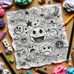 Wall Mural - Paper note with emoticon face ideas. World Emoji Day Background Concept