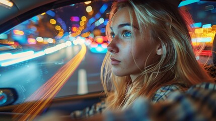 Wall Mural - A female passenger is featured enjoying a ride in a car with colorful night city lights streaking by, creating a dynamic and vibrant scene