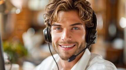 Charismatic young man wearing headphones in a bright office setting