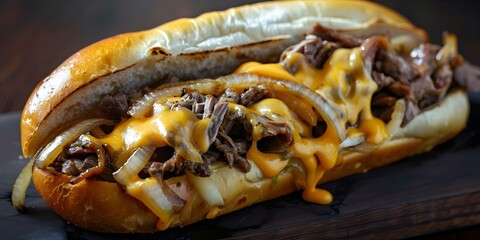Wall Mural - Experience an authentic Philly Cheesesteak with succulent beef cheese and onions. Concept Philly Cheesesteak, Authentic Recipe, Succulent Beef, Melted Cheese, Sauteed Onions