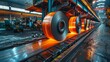 © familymedia - A vibrant image of molten metal coils being formed on a conveyor in a steel manufacturing plant