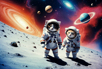 two cats in space suits standing on the surface of the moon