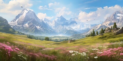 Wall Mural - Beautiful sunny day meadow field landscape with many plant grass flowers decoration and mountain on background. Nature outdoor relaxing adventure vibe scene