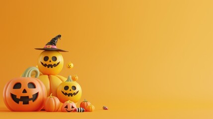Wall Mural - Pumpkin Stack with Witch Hat on Orange Background