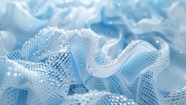 Closeup of knitted fabric with white and blue threads, surrounded by small water droplets.