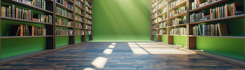 green screen mockup 3D library A 3D mockup of a library with green screen walls and bookshelves