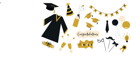 Wall Mural - Graduation photo booth flat icon collection. Graduating funny stickers, school party props, speech bubbles vector illustration set. Modern photo design and decoration concept