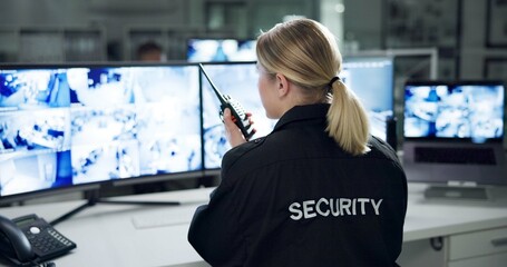 Poster - Communication, security and woman with radio, cctv and monitor to watch, danger and control room for guard. Desk, night and working for protection, safety and talking to backup and connection