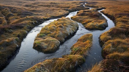 Wall Mural - a small stream winds its way through a maze of drumlins carving out a path as it flows.