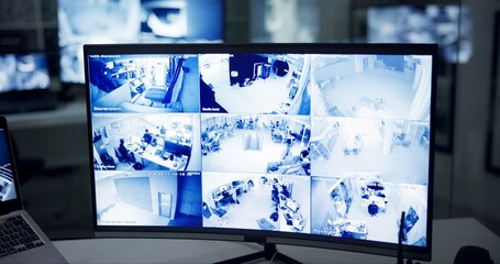 Security, business and computer with split screen, control room and multicam surveillance with software interface. Law, display or pc with video system for cameras, protection and safety with monitor