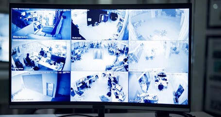 Poster - Security, business and computer with screen, control room and monitor with software interface. Law, compliance and pc with video system for cameras, protection and safety with multicam surveillance