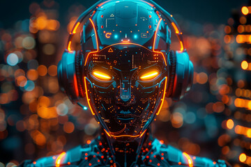3D rendering, digital art style, poster design, colorful glowing lines and circuit patterns on the head of an artificial intelligence robot wearing headphones in profile against a dark background.
