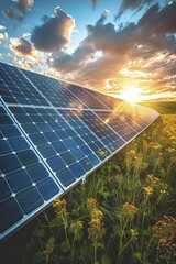 Canvas Print - Solar Advancements Harnessing Renewable Energy, wide shot of advanced solar panels in field, emphasizing renewable energy and progress, bright and vibrant.