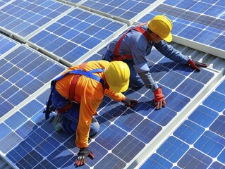 Poster - Solar Technology Engineers Pioneering Renewable Progress, action shot of engineers working on solar panels, emphasizing innovation and sustainability, bright and clear.