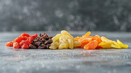 Wall Mural - Assortment of tasty dehydrated fruits on a gray surface close up