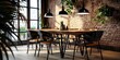 © keiron - Industrial style dining room interior design, hanging lamps and red brick wall