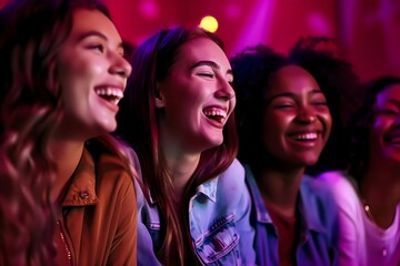 group of three diverse multiethnic teenaged female friends laughing while watching a movie