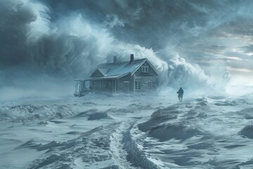 Snowy scene of a man walking in front of a house in the middle of a storm