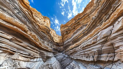 Wall Mural - in a desert canyon layers of rock rising high into the sky eroded and contoured by the relentless fr