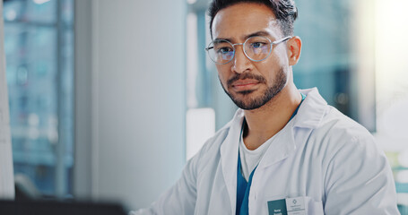Poster - Serious, man and doctor on tablet in office for Telehealth solution, online consultation and patient results from lab. Pensive, male scientist and digital research, review and reading medical report