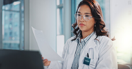 Poster - Doctor, documents and laptop for medical report, hospital schedule and planning admin for workflow. Healthcare, computer and woman on paperwork, checklist and folder for clinic and data comparison