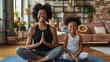 © Ahtesham - Black woman doing yoga with her daughter at home, smiling and looking happy while working out on a mat in the living room, family activity concept. A stock photo showing a place for text.