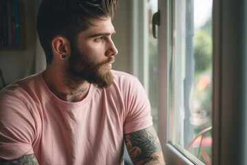 Wall Mural - Calm man in pink t-shirt with tattoo on arms looking through window.
