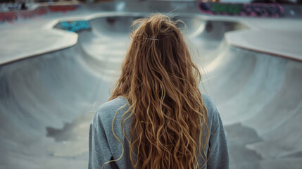 Wall Mural - beautiful girl with long hair on the background of a skatepark, teenager, young woman, schoolgirl, youth, portrait, skater, city, street, urban, style, fashion, new generation, student