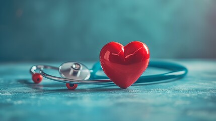 Close-up of a red heart model and stethoscope on a blue textured background, symbolizing cardiovascular health, medical care, and heart disease.