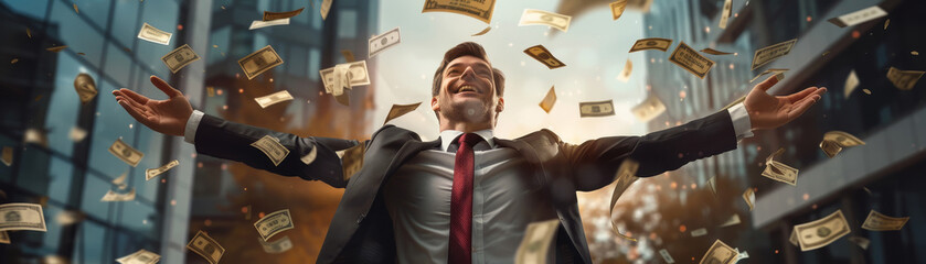 Businessman joyfully celebrating financial success, surrounded by flying dollar bills in a cityscape background, representing wealth and prosperity.