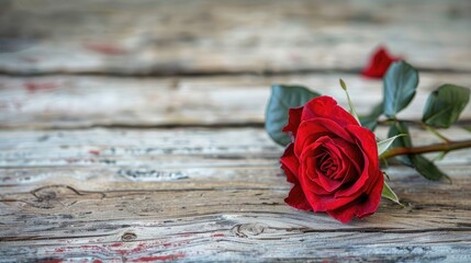 Sticker - A solitary red rose bloom rests on a wooden surface