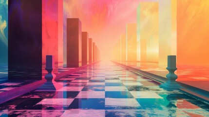 An image of a board game where the gameplay is controlled by a neural network, against the backdrop of a bright abstract landscape. ::3 diffraction grading ::3 --no text --ar 16:9 --quality 0.5 Job ID