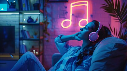 Wall Mural - Enchanting composition showcasing a floating melody symbol bathed in neon lights, with a woman wearing headphones in a dark living room, conveying the immersive and euphoric experience of listening