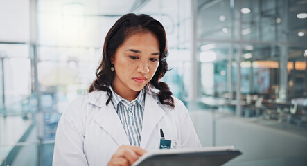 Poster - Tablet, woman and doctor in hospital with reading, healthcare and medical research with surgery planning. Digital, web and online consultation with professional working on technology with telehealth