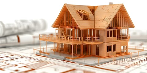Blueprints for wooden frame house model under construction with space for text. Concept Wooden Frame Construction, Model House, Blueprint Design, Text Space, Under Construction