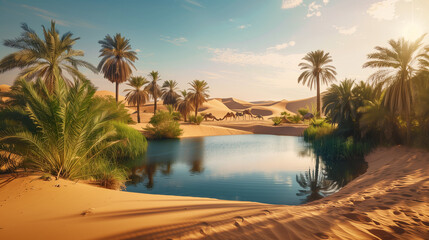 Wall Mural - A serene desert oasis with a clear blue pond surrounded by palm trees and lush vegetation, amidst vast sand dunes under a clear sky. Camels and a small tent in the distance. Realistic photography styl