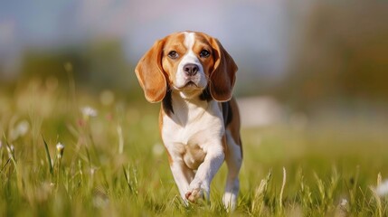 Wall Mural - Adorable young beagle dog playing in the meadow